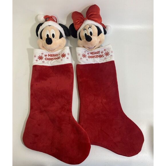 Gemmy Disney Mickey & Minnie Mouse Soft Plush Head Christmas Stockings Set NWOT - Picture 1 of 9